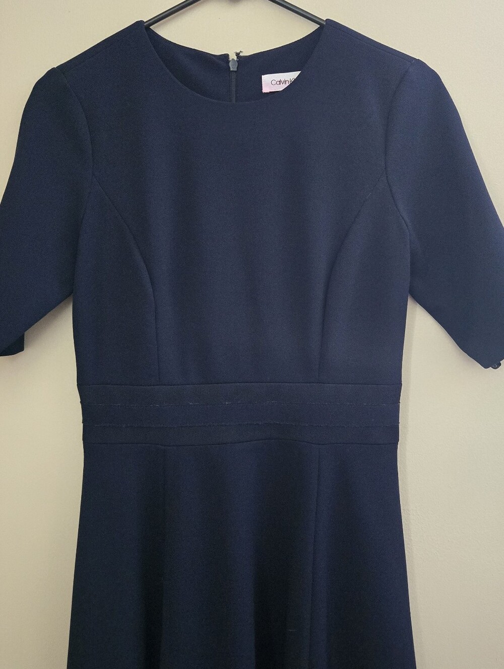 Calvin Klein Navy Fit-and-Flare Midi Dress with Sheer Hem Summer Party - Picture 3 of 6